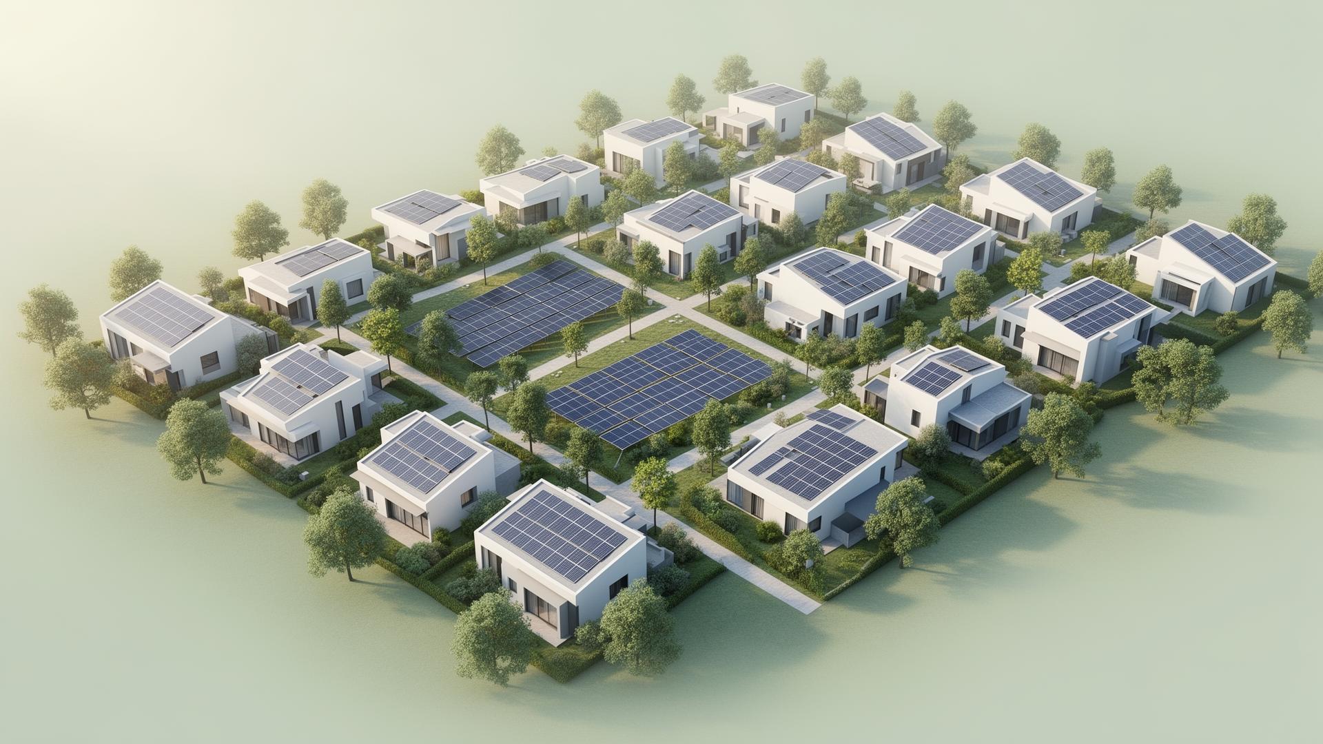 Aerial render of a Cherry community with rooftop solar and a central solar park